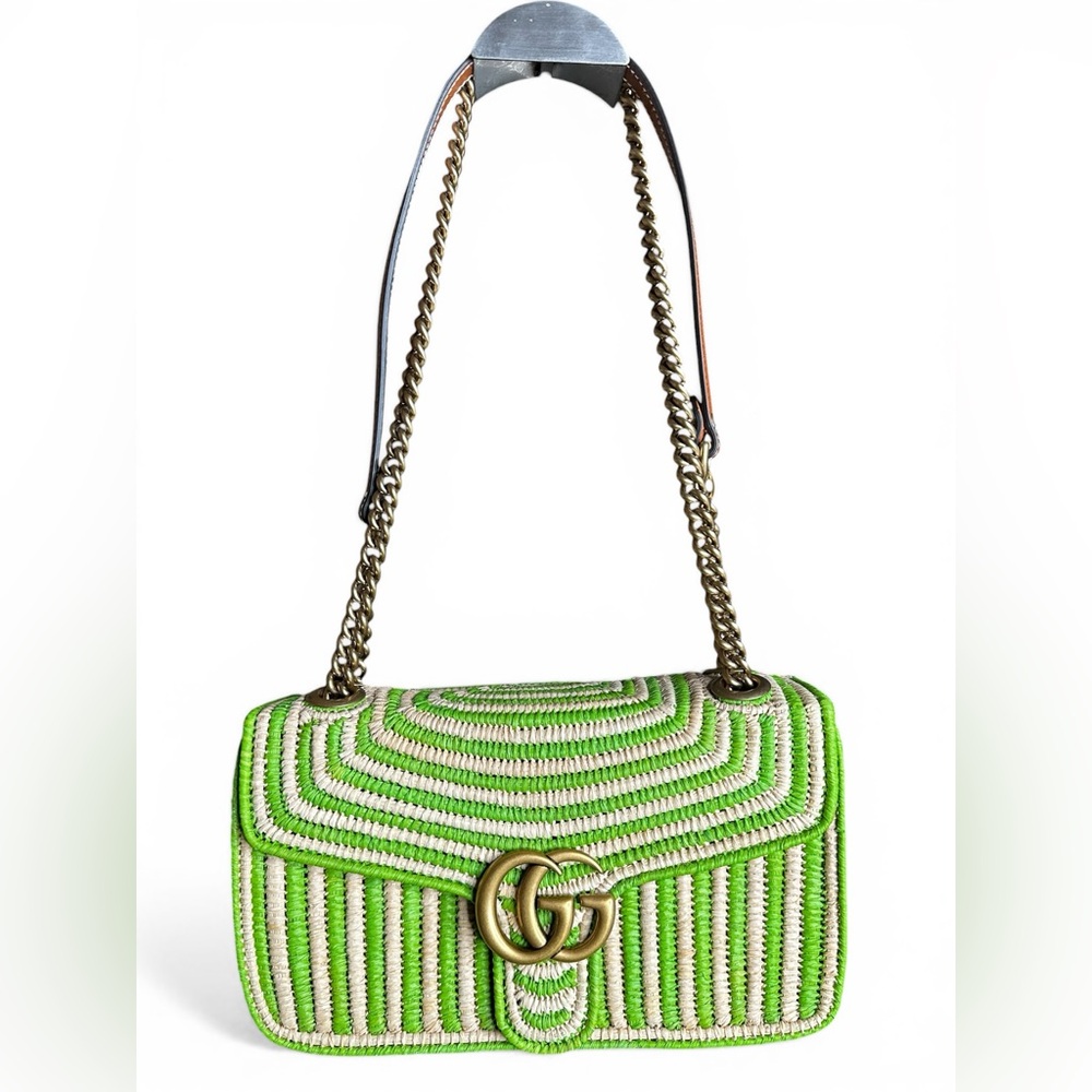Gucci Raffia Small GG Marmont Green Shoulder Bag - Picture 2 of 12